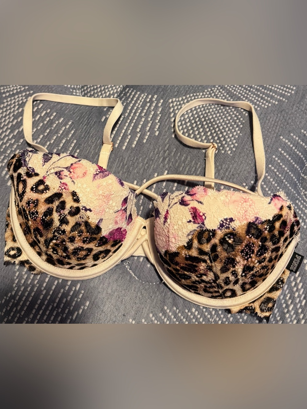 PINK Victoria's Secret Cream Bra with Pink Floral & Leopard Print